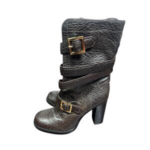 Tory Burch Women's 9.5M Brown Leather Jaden Buckle Textured Heel Boots EUC
